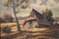 Auktion 370<br>unleserl. signiert, Bauernkate, &Ouml;l/Hartfaser, gerahmt, RG 39 x 48,5cm