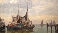 Auktion 370 / Los 4035 <br>Paul Ernst WILKE (1894-1971), Boote im Hafen, verso bez. "Cuxhaven", &Ouml;l/Hartfaser, reinigungsbed., gerahmt, RG 51,5 x 80,5cm