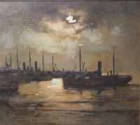 Auktion 370 / Los 4037 <br>Rudolf Anton GUBA (1884-1950), Schiffe im Hafern bei Nacht, &Ouml;l/Leinwand, leider stark besch&auml;digt (Farbabplatzer), gerahmt, RG 83,5 x 93cm (Sperrgutversand!)
