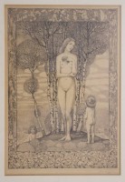 Auktion 370 / Los 5019 <br>Heinrich Vogeler (1872-1942), Radierung, Titel "Fr&uuml;hlingsm&auml;rchen", ger./Glas, RG 48 x 38cm