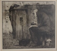 Auktion 370 / Los 5021 <br>Heinrich Vogeler (1872-1942), Radierung, Titel "Die Hexe mit Eule", ger./Glas, RG 38 x 38cm