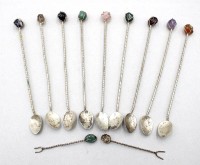Auktion 370<br>9 Cocktail-L&ouml;ffel mit Halbedelsteinen sowie 2 kl. Spie&szlig;e, versilbert, ca. L-19,5cm
