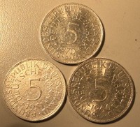 Auktion 370 / Los 6031 <br>3x 5 Mark Kursm&uuml;nzen, grosser Adler, Silber