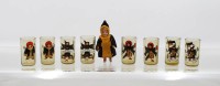 Auktion 370 / Los 10014 <br>8x Schnapsgl&auml;ser mit Emaillemalerei sowie kl. Puppe, M&uuml;nchner Kindl, &auml;lter, ca. H-5cm Puppe H-8cm