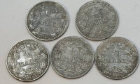 Auktion 370 / Los 6036 <br>5x 1/2 Mark, Deutsches Reich 1918+1919, Silber