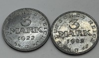 Auktion 370 / Los 6046 <br>2x 3 Mark, 1922, Verfassungstag, Aluminium, DR