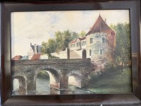 Auktion 370<br>L. Merker (oder &auml;hnlich?) 1917, "Vitischanze in Osnabr&uuml;ck" aus dem 17.Jhd., &Ouml;l/Leinen, alter schwarzer Lackrahmen,  RG 42x56 cn