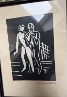 Auktion 370 / Los 5031 <br>unleserl. (Seppl Grossmichl?) 1952, 2 Figuren, Linolschnitt, ger/Glas, RG 27x20 cm