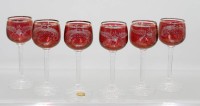 Auktion 370<br>6x Lik&ouml;rgl&auml;ser, &Auml;tzdekor und rot gebeizt, Bohemia, ca. H-13,5cm