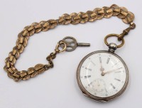 Auktion 370 / Los 2039 <br>Taschenuhr um 1900, Silbergeh&auml;use, Doubl&eacute; Uhrenkette, Werk steht, D-4cm