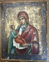 Auktion 370 / Los 4050 <br>kl. Ikone , Tempera auf Holz, Muttergottes mit Kind, 18x14 cm, an den Enden gesperrt