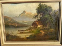 Auktion 370 / Los 4052 <br>unleserl. signierter Alpensee mit Figuren, &Ouml;l/Platte, gerahmt, um 1900, RG 66x86 cm