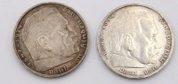Auktion 370<br>2x  5 Reichsmark M&uuml;nzen - Paul von Hindenburg - Hoheitszeichen, Silber, 900er Silber, 27,8 Gramm