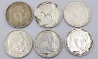 Auktion 370<br>6x  5 Reichsmark M&uuml;nzen - Paul von Hindenburg, Silber, 83,4 Gramm, 900er Silber
