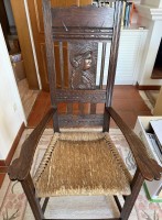 Auktion 370 / Los 14028 <br>Worpsweder Armlehnstuhl, Lehne mit geschnitzten Frauenkopf, H-127 cm, B-66 cm