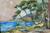 Auktion 370 / Los 4078 <br>Mo&iuml;se KISLING (1891-1953)"Carqueiranne-K&uuml;ste" in Frankreich, Aquarell, signiert und ortsbezeichnet, ger/Glas, RG 60x60 cm