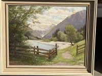 Auktion 370 / Los 4054 <br>R.H&ouml;lbling, Oberstdorf, 1956  "Bergsee" &Ouml;l/Platte, gerahmt, RG ca. 50x60 cm
