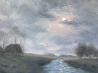 Auktion 370 / Los 4058 <br>Fedor SZERBAKOW (1911-2009) Mondnacht", anbei Buch und Zertifikat &uuml;ber den K&uuml;nstler, ebenfalls signiert, &Ouml;l/Platte, gerahmt, RG 42x52 cm