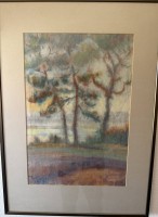 Auktion 370<br>Richard CURDES (1891-1974) B&auml;ume am Ufer" Mischtechnik, ger/Glas, RG  72x52 cm