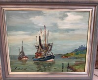 Auktion 370 / Los 4061 <br>Paul Ernst WILKE (1894-1972)  "Krabbenkutter vor K&uuml;ste" &Ouml;l/Platte, gerahmt, RG 60x52 cm