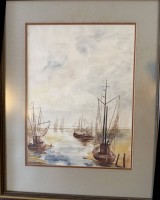 Auktion 370<br>Marlies Klugt "Fischkutter im Priel", wohl Dorum? Aquarell, ger/Glas, RG 67x53 cm
