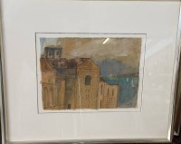 Auktion 370 / Los 4069 <br>B. Lox, 2000 "s&uuml;dl. H&auml;user und Leuchtturm" Aquarell, ger/Glas, RG 64x74 cm, verso betitelt?