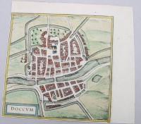 Auktion 370<br>historischer Stadtplan der Stadt Dokkum aus der Vogelschau, 18/19. Jhd., ungerahmt, BG 21 x 22,5cm