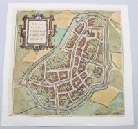 Auktion 370<br>historischer Stadtplan der friesischen Stadt Bolsward, Niederlande, 1598, color. Kupferstich, ungerahmt, auf Pappe, Blatt mit L&auml;suren, ca. BG 25,5 x 26cm