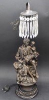 Auktion 370<br>Tischlampe mit fig&uuml;rlichen Stand, Glasprismen, Kunstmasse, r&uuml;ckseitig Abplatzer, eine Prisme fehlt, H-47 cm