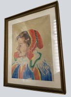 Auktion 370<br>finnischer K&uuml;nstler? unleserl. unter Rahmen signiert, (J. Toivanen?)1952, "Portrait der Lappin Maaret" Aquarell, ger/Glas, RG 25x20 cm, verso Widmung des K&uuml;nstlers