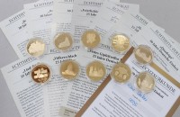 Auktion 370<br>10 x Gedenkpr&auml;gungen aus Kupfer / vergoldet , 25 &amp; 30 Jahre Deutsche Einheit , polierte Platte - gekapselt mit Zertifikat .