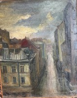 Auktion 370<br>unleserl. signierte Strassenansicht um 1920, &Ouml;l/Leinen, schmal gerahmt, RG 60x47 cm,minim. Farbabplatzer, reinigungsbed&uuml;rftig