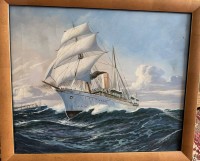 Auktion 370<br>unleserlich (Hans Holt oder &auml;hnlich?) in rot signiert "Dampfsegler" &Ouml;l/Leinen, gerahmt, RG 57x68 cm