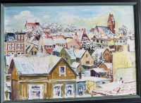 Auktion 370<br>P. Riedel "Cuxhaven-Ansicht im Winter" &Ouml;l/Platte, gerahmt, RG 49x66 cm
