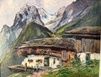 Auktion 370<br>unleserl. in rot signiert "Bergbauernhof" &Ouml;l/Platte, gerahmt, RG 44x53 cm