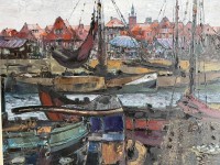 Auktion 370 / Los 4083 <br>Otto Kreiseler (1913-1970) "Fischmarkt im alten Hafen" wohl Duisburg?, &Ouml;l/Leinen, gerahmt, RG 75x85 cm mit Rechnung (4400 DM, 1991) K&uuml;nstlerbrief,  Schriftverkehr