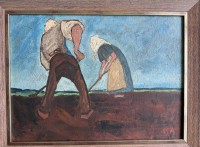 Auktion 370<br>unleserlich signiert in rot "Feldarbeit" &Ouml;l/Karton, gerahmt, RG 52x69 cm, (eventuell W.Wieger?), r&uuml;ckseitig  Cuxhavener Galerieetikett