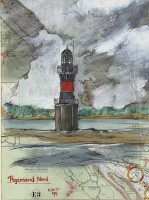 Auktion 370 / Los 4086 <br>Ole WEST (1953) 1991 "Leuchtturm Pagensand" Aquarell, signiert, auf Seekarte, gerahmt/Glas, verso Zeitungsausschnitt, 65x54 cm