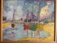 Auktion 370<br>anonymes, grosses Gem&auml;lde "Segelboote im Hafen" &Ouml;l/Leinen, gerahmt, RG  68x85 cm