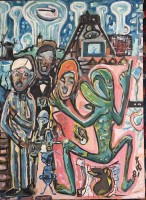 Auktion 370 / Los 4089 <br>G&uuml;nter Ritschel, Worpswede (1925-2006)  1981, abstraktes Bild mit Frosch, &Ouml;l/Malfaser,  60x50 cm