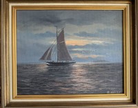 Auktion 370<br>B. Hasse "Segelschiff vor Helgoland", &Ouml;l/Malfaser, gerahmt, RG 48x59 cm