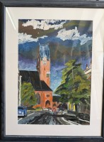 Auktion 370<br>Hans PAPENDIECK (1928-1993) 1977,"Die St. Petri Kirche in Cuxhaven" Mischtechnik, ger/Glas, RG 98x78 cm