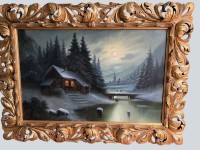 Auktion 370 / Los 4093 <br>Herm. Klinger "Winter Mondnacht" &Ouml;l/Leinen, alt gerahmt, RG 103x140 cm (Sperrgut), Holzrahmen mit Farbabplatzer