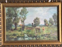 Auktion 370<br>Kunstdruck, Pferde auf der Koppel, alt ger/Glas, RG