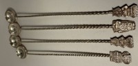 Auktion 371<br>4x lange Silber-900- Cocktail-L&ouml;ffel mit kolumbianische 25 Centavos Silberm&uuml;nzen, ab 1914-1934, L-22 cm, 94 gr.