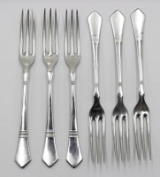 Auktion 371<br>6x Kuchengabeln, Clarfeld, Alpacca, um 1910, ca. L-15cm
