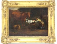 Auktion 371<br>anonymer Altmeister "Melkerin mit Tieren" &Ouml;l/Holz. gerahmt, RG 35x43 cm