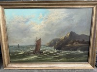 Auktion 371 / Los 4005 <br>anonym? "Fischboot vor K&uuml;ste", &Ouml;l/Platte, wohl 19.Jhd., gerahmt, RG 63x86 cm