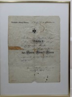 Auktion 371<br>Verleihungsurkunde Wilhelm II, f&uuml;r EK 1.Klasse, 1916, Urkunde mit L&auml;suren, gerahmt/Glas