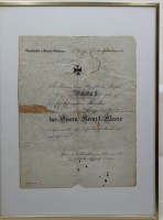 Auktion 371 / Los 7007 <br>Verleihungsurkunde Wilhelm II, f&uuml;r EK 1.Klasse, 1916, Urkunde mit L&auml;suren, gerahmt/Glas